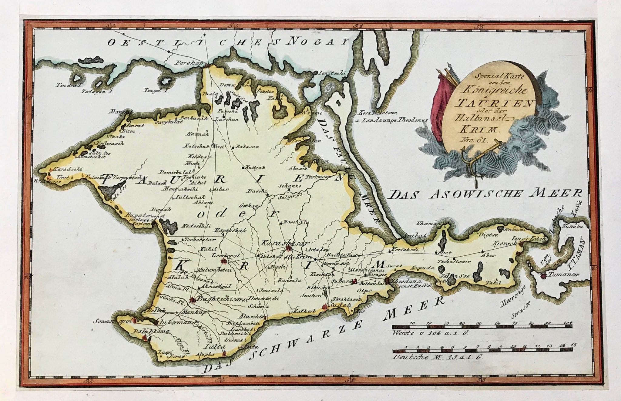"Spezial Karte von dem Koenigreiche Taurien oder der Halbinsel Krim" Copper engraving for Reilly's Postal Atlas, 1791. Fine, modern hand coloring.  Fine map showing the postal routes of the time.  The margins have been added. Clean image. Strong impression.  20.7 x 32.5 cm ( 8.1 x 12.7 ")