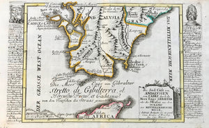 "Die Sud Cuest von Andalusien von Cadiz durch die Meer Enge Gibraltar oder die Strasse aus dem Oceano ins Mittellaendische Meer" Copper engraving by Gabriel Bodenehr ca 1705. Original hand coloring.  The Strait of Gibraltar and the southern tip of Spain is the theme of this detailed map. On both sides of the map is very detailed historical information (in German) about the places shown on the map. At the bottom is a bit of northern Africa with Tangier and Ceuta.