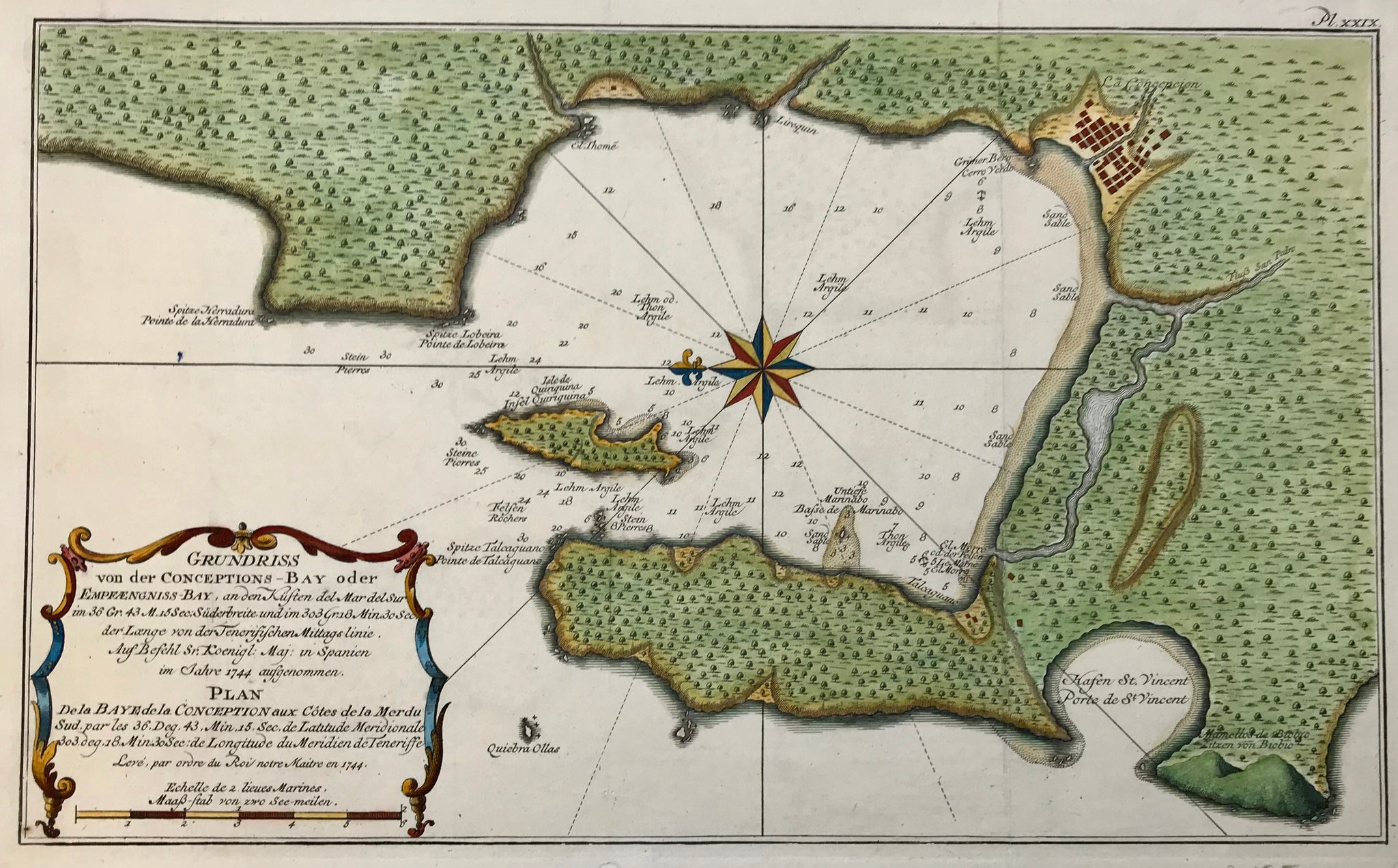 "Grundriss von der Conception Bay oder Empfaengniss Bay"  Copper engraving with attractive hand coloring. Published 1751 in Lepzig. This map was published in the German edition of the official acount of the expedition of Antonio de Ulloa (1716-1795).  Original antique print 