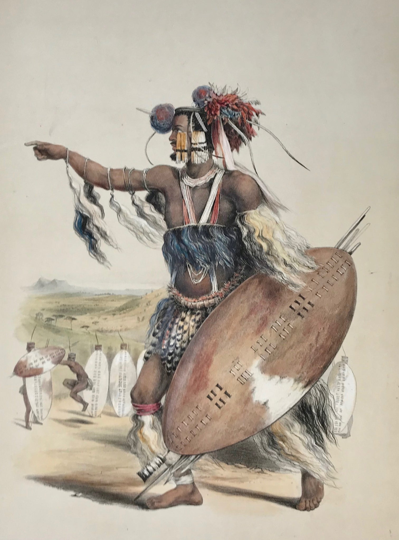    Plate XIII -  "Utimuni, nephew of Chaka, the late Zulu King"  Toned lithograph and hand-colored, heightened with gum arabic  After the drawing by George French Angas (1822-1886)  Lithographer: not named  Hardly any traces of age and use in margins.  Image size 39 x 29,5 cm (ca. 15.4 x 11.6")