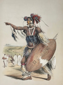    Plate XIII -  "Utimuni, nephew of Chaka, the late Zulu King"  Toned lithograph and hand-colored, heightened with gum arabic  After the drawing by George French Angas (1822-1886)  Lithographer: not named  Hardly any traces of age and use in margins.  Image size 39 x 29,5 cm (ca. 15.4 x 11.6")