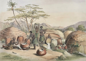Plate XXVII -  "Kafir Kraal, near the Umlazi River, Natal"  Toned lithograph and hand-colored, heightened with gum arabic  After the drawing by George French Angas (1822-1886)  Lithographer: not named  Clean. Some minor traces of age and use in margins.  Image size 25 x 34,4 cm (ca. 9.8 x 13.5")