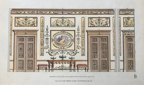Fol. 42: Doors, some furniture, wall decoration (frescos)  Hand-colored copper etching by Michel Angelo Pergolesi.  Personal biographical details are missing. But Pergolesi moved from Italy to England, where he published his classicistic architectural designs in his book  "Designs for various ornaments"