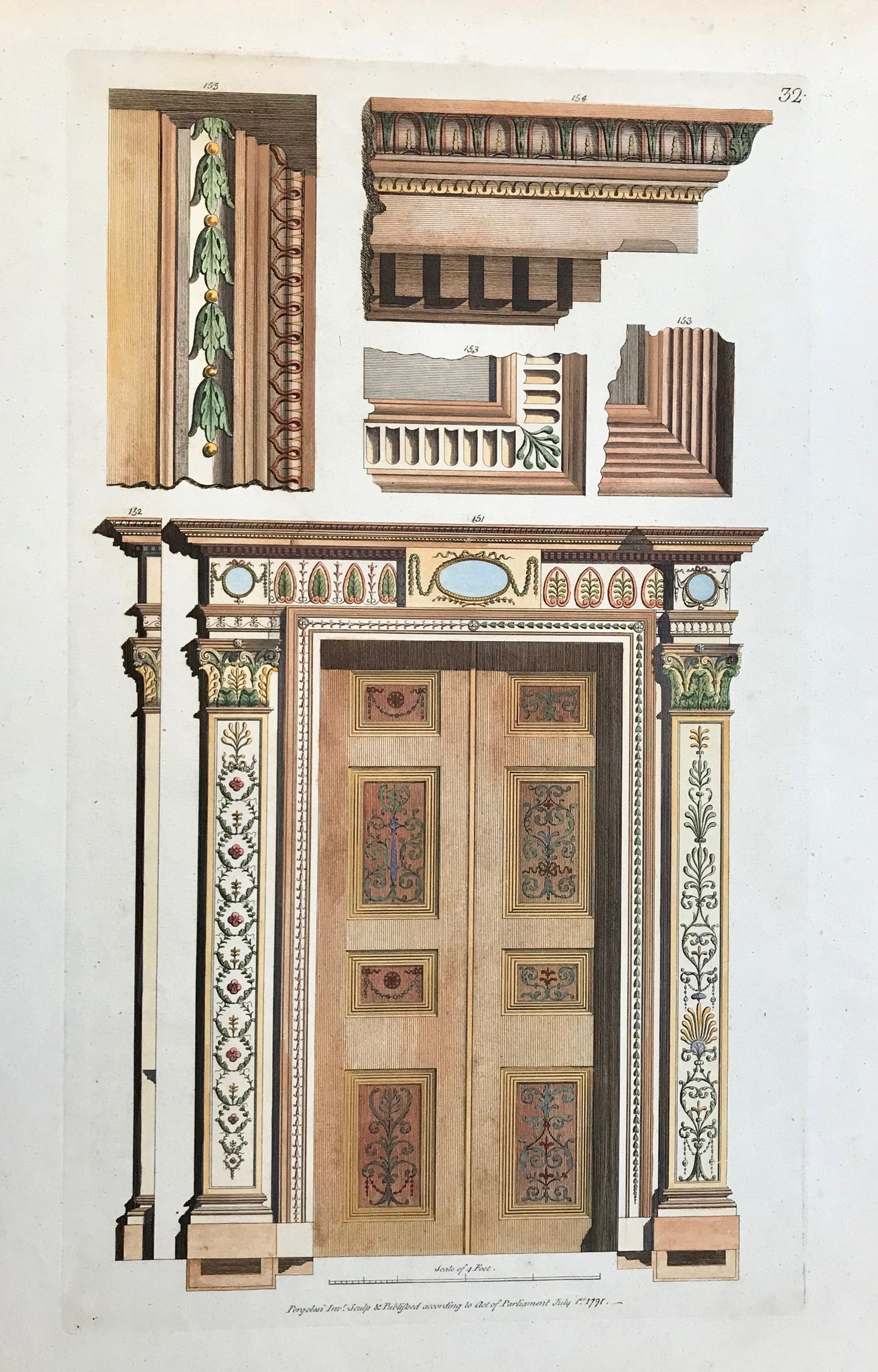 Fol. 22: Door and door frames.  Hand-colored copper etching by Michel Angelo Pergolesi.  Personal biographical details are missing. But Pergolesi moved from Italy to England, where he published his classicistic architectural designs in his book  "Designs for various ornaments"  London, 1791  Pergolesi's mentor was the neoclassical architect and furniture designer Robert Adam.