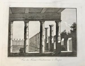 "Vue du Forum Nondinarum a Pompeii"  Image: 20.5 x 28 cm ( 8 x 11 ")   Aquatints engraved by Paul Fumagalli from 1821-1825  These prints with their velvety aquatint appearance were made to delight our hearts. 