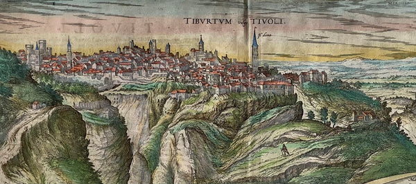 Tivoli. - "Tiburtum vulgo Tivoli"  Copper etching in original hand coloring after the drawing by Georg Hoefnagel (1542-1601)  Published in: 'Civitates Orbis Terrarum" (6 volumes, 1572-1618)  By Georg Braun (1541-1622) and Frans Hogenberg (1535-1590)  Cologne, Germany, 1581  Original antique print  