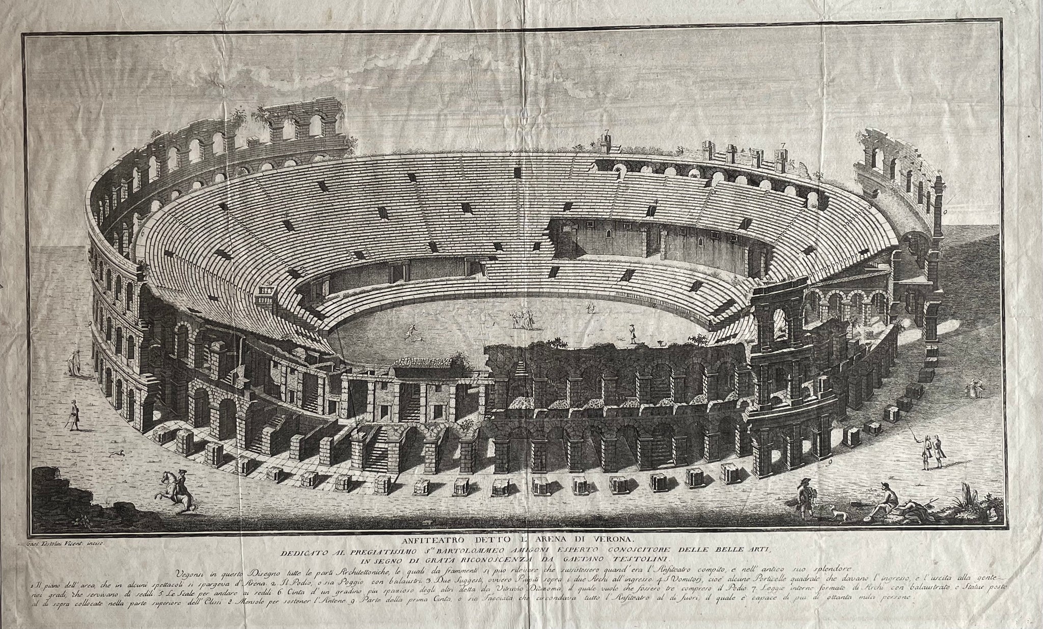 Verona. - "Anfiteatro detto L'Arena di Verona"  The antique theater in Verona  called "Arena"  Copper etching by Gaetano Testolini  The print was dedicated to Bartolom(m)eo Amigoni, who was head of the Royal Academy of Arts in Torino.By definition of dedication Amigoni was a patronizer of Testolini.  Below dedication a description of particularities of print numbered 1 through 9.  This large folio view, a bird's eye view into the interior of the arena, was published in Paris, ca. 1770 