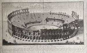 Verona. - "Anfiteatro detto L'Arena di Verona"  The antique theater in Verona  called "Arena"  Copper etching by Gaetano Testolini  The print was dedicated to Bartolom(m)eo Amigoni, who was head of the Royal Academy of Arts in Torino.By definition of dedication Amigoni was a patronizer of Testolini.  Below dedication a description of particularities of print numbered 1 through 9.  This large folio view, a bird's eye view into the interior of the arena, was published in Paris, ca. 1770 