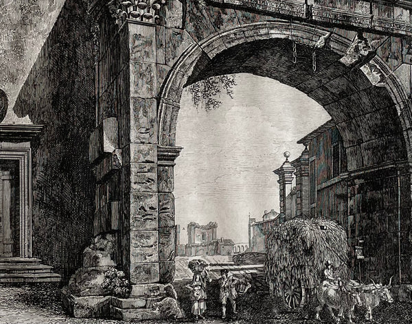 "Veduta dell' Arco di Gallieno"  Porta Esquilina  Copper etching by Luigi Rossini (1790-1857)  Published in "Le Antiquita Romane" von Luigi Rossini  Rome, dated 1821
