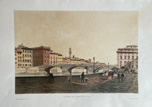"Le Pont de St. Trinité (Lung Arno)" "Florence"  Ponte di Trinita  Lithograph by Eugene Ciceri (1813-1905) after Andre Durand (1807-1867) Published by LeMercier in Paris ca 1840.