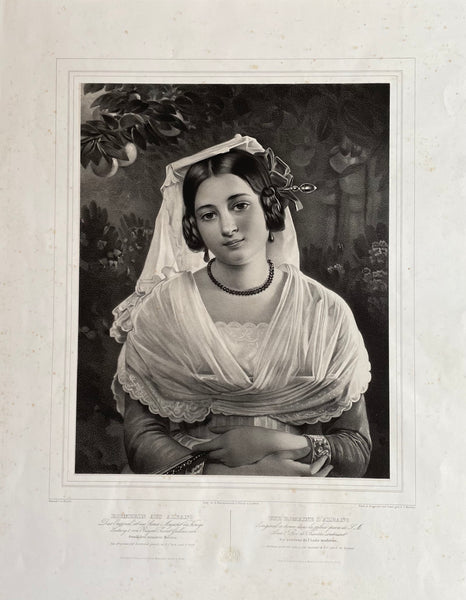 "Römerin aus Albano" / "Une Romaine d'Albano"  Name of the depicted woman: Felice Berardi from Albano  Lithograph by Jakob Melcher (1816-1882)  After the painting by August Riedel (1799-1883)  Painting was part of the art collection King Ludwig II of Bavaria. The King knew Rieder personally and bought the painting directly from him. The painting is now in the possession of Munich Pinakothek  Printed by Piloty & Loehle. Munich, ca. 1840