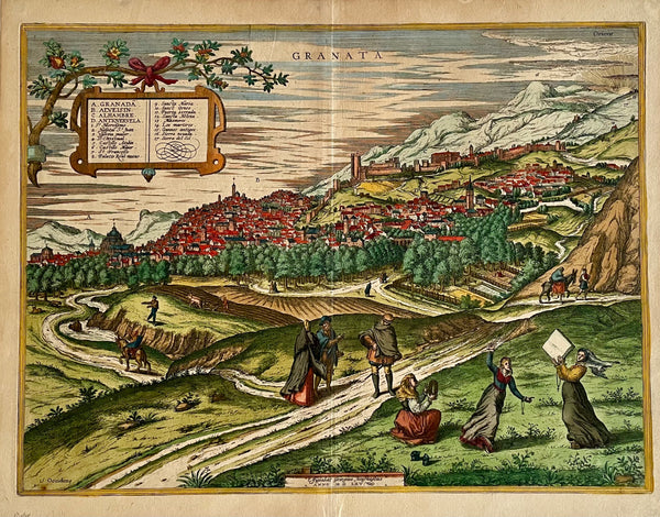 "Granata" (Granada). Originally colored copper engraving by Georg Hoefnagel ( 1543-1600) dated in the plate 1565, but published in "Civitates Orbis Terrarum" by Georg Braun and Franz Hogenberg in Cologne ca 1570.  A full double page view of this grand city with a legend cartouche is north-east oriented. 