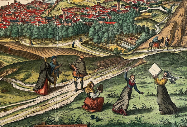 "Granata" (Granada). Originally colored copper engraving by Georg Hoefnagel ( 1543-1600) dated in the plate 1565, but published in "Civitates Orbis Terrarum" by Georg Braun and Franz Hogenberg in Cologne ca 1570.  A full double page view of this grand city with a legend cartouche is north-east oriented. 