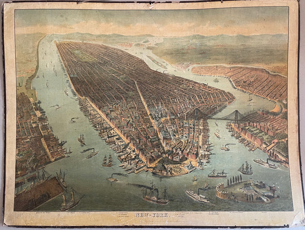 USA, New York City „New-York“  Bird’s Eye View of the City of New York.  Time of printing: Ca. 1885 1890   Anonymous chromo lithograph showing the Island of Manhattan in its center from an angular aerial position. Manhattan’s buildings details are nicely define, not just as a plan but each building showing its architectural specifications, windows, roof tops etc. Same is true of the buildings of Brooklyn, Jersey City and Hoboken.