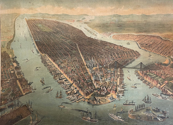 USA, New York City „New-York“  Bird’s Eye View of the City of New York.  Time of printing: Ca. 1885 1890   Anonymous chromo lithograph showing the Island of Manhattan in its center from an angular aerial position. Manhattan’s buildings details are nicely define, not just as a plan but each building showing its architectural specifications, windows, roof tops etc. Same is true of the buildings of Brooklyn, Jersey City and Hoboken.