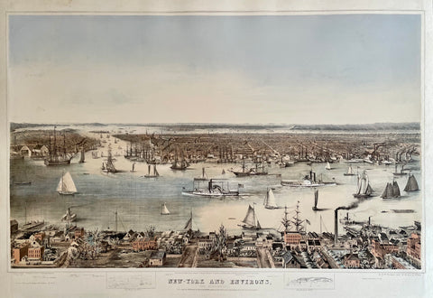 Antique print of New York. New-York and Environs from Williamsburgh. Drawn from nature and lithographed in color. Lithograph by Edgar W. Foreman and Eliphalet M. Brown Jr. (1816-1886) Published by Williams & Stevens. New York and Ackerman, London. Printed by Sarony & Major, New York. Entered according to the act of Congress 1848.