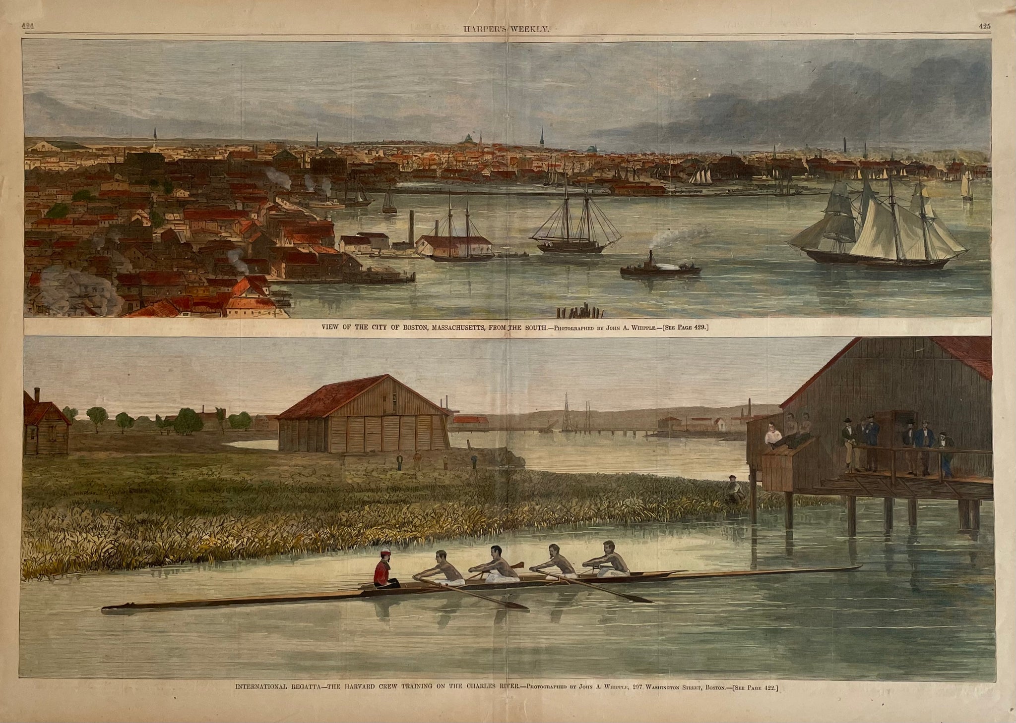Top image. View of the City of Boston, Massachusetts, from the South. Bottom image: International Regatta - The Harvard Crew Training on the Charles River.  Wood engraving after a photograph by John A. Whipple from "Harper's Weekly", July 3, 1869. Modern hand coloring.