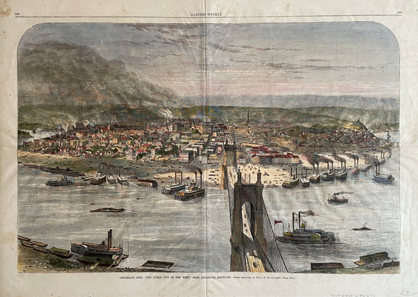 "Cincinnati, Ohio the 'Queen City of the West' from Covington, Kentucky"  Stunning general view of Cincinnati from across the Ohio River from an elevated point. Foreground: Roebling Suspension Bridge. Lively scenery on the river and a spectacular view of Cincinnati.  Very attractively hand colored wood engraving after a sketch by Theodore R. Davis (1840-1894)