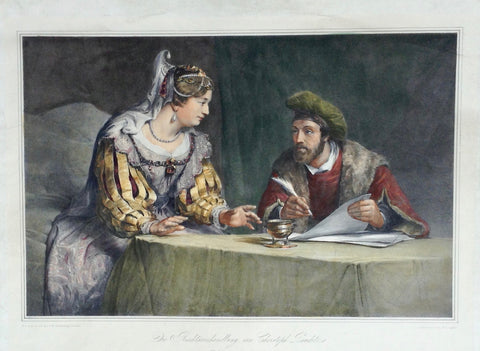 "Die Rechtsverhandlung" Legal consultation.  A high class lady seeks advice from an attorney. Very well hand-colored lithograph by Franz Hanfstaengl (1804-1877) after the painting by Christoph Pauditz (1630-1666) Lithograph is printed on China paper and rolled upon strong paper. Very light general age toning. Minimal signs of age and use in margins. Dry stamp of publisher at bottom center. Published by Hanfstaengl in his monumental grand folio size work: DresdenGallery Hanfstaengl produced 195 lithographs f