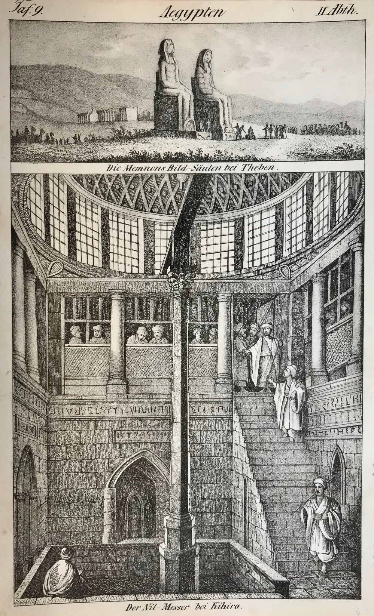 "Die Memnons Bild Saeulen bei Theben" "Der Nil Messer bei Kihira" (Measuring the Nile by Kihira)  Lithograph ca 1860.
