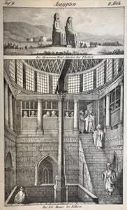 "Die Memnons Bild Saeulen bei Theben" "Der Nil Messer bei Kihira" (Measuring the Nile by Kihira)  Lithograph ca 1860.