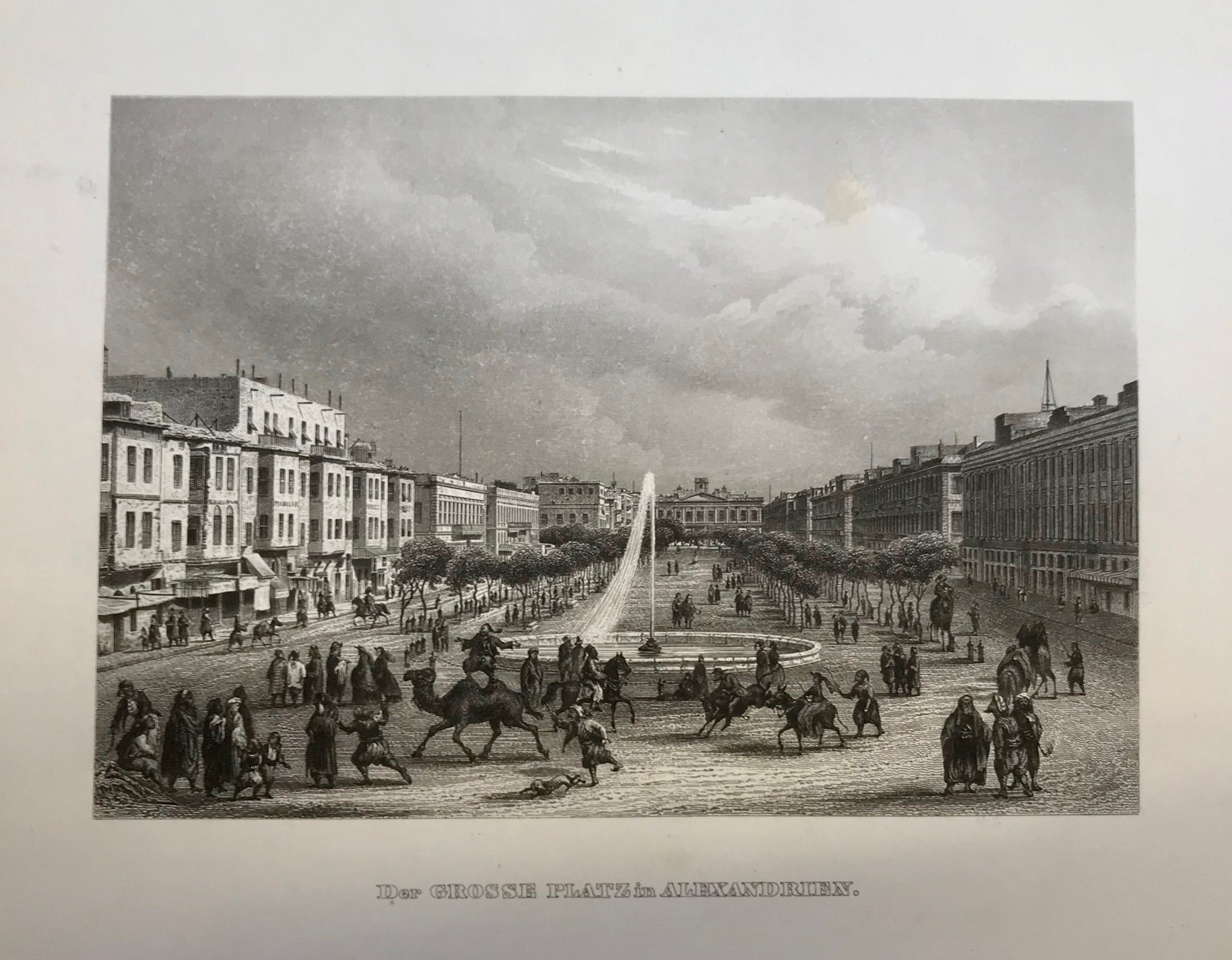 "Der Grosse Platz in Alexandrien"  Steel engraving from the Bibliograph. Institut in Hildburghausen ca 1845.