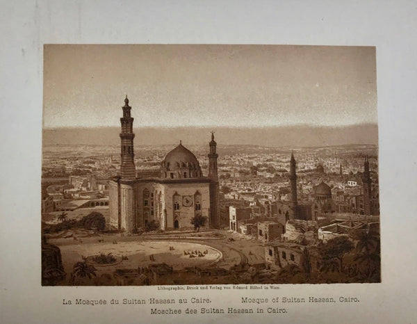 "La Mosquee du Sultan Hassan au Caire Mosque of Sultan Hassan, Cairo" "Moshee des Sultan Hassan in Cairo"  Anonymous lithograph printed in a very pleasant sepia tone. Published 1889. Included is an extra page of text in German about the Mosque of Sultan Hassan in Cairo.