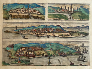 "Anfa quibusdam Anaffa - Azzaamurum - Diu - Goa Fortissimae Indiae urb in Christianorum potestatem anno Salutis 1509 devenit"  Casablanca - Azemmour - Diu - Goa - two cities in India and two in Morocco which wre very important trade and harbor cities for Europe in the 16th century.  Copper etching in original hand coloring. Published by Georg Braun and Franz Hogenberg. Cologne, 1580. Reverse side text in German.  Original antique print  