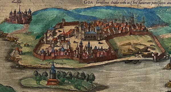 "Anfa quibusdam Anaffa - Azzaamurum - Diu - Goa Fortissimae Indiae urb in Christianorum potestatem anno Salutis 1509 devenit"  Casablanca - Azemmour - Diu - Goa - two cities in India and two in Morocco which wre very important trade and harbor cities for Europe in the 16th century.  Copper etching in original hand coloring. Published by Georg Braun and Franz Hogenberg. Cologne, 1580. Reverse side text in German.  Original antique print  