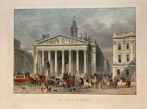 The Royal Exchange.  Hand-colored steel etching. Illegeably signed within plate. Ca. 1850.  Original antique print    London Stock Exchange with lively street scene.