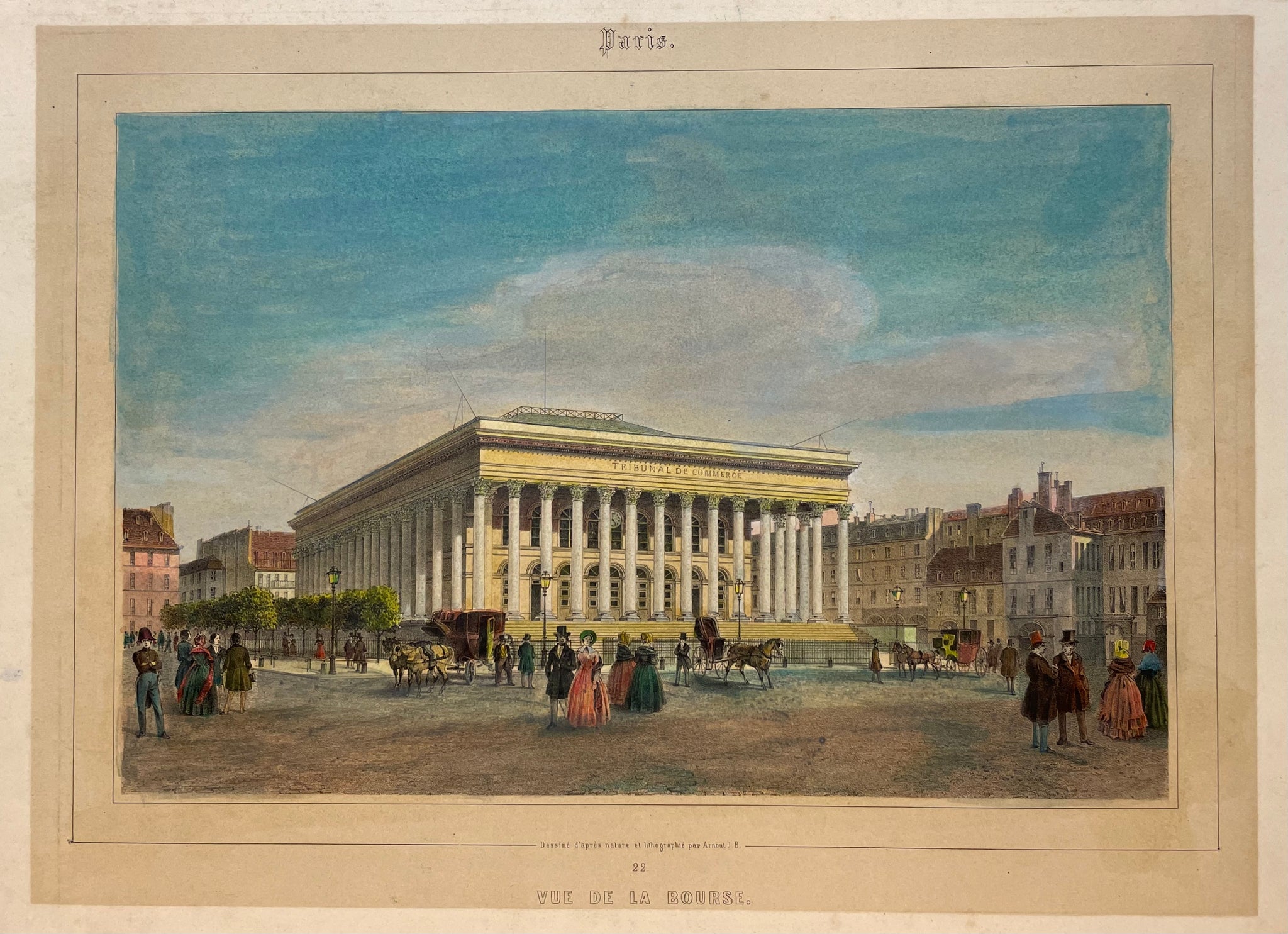 Vue de la Bourse  (Paris)  Lithograph after J.B. Arnout, ca 1850. Hand coloring.  Original antique print  