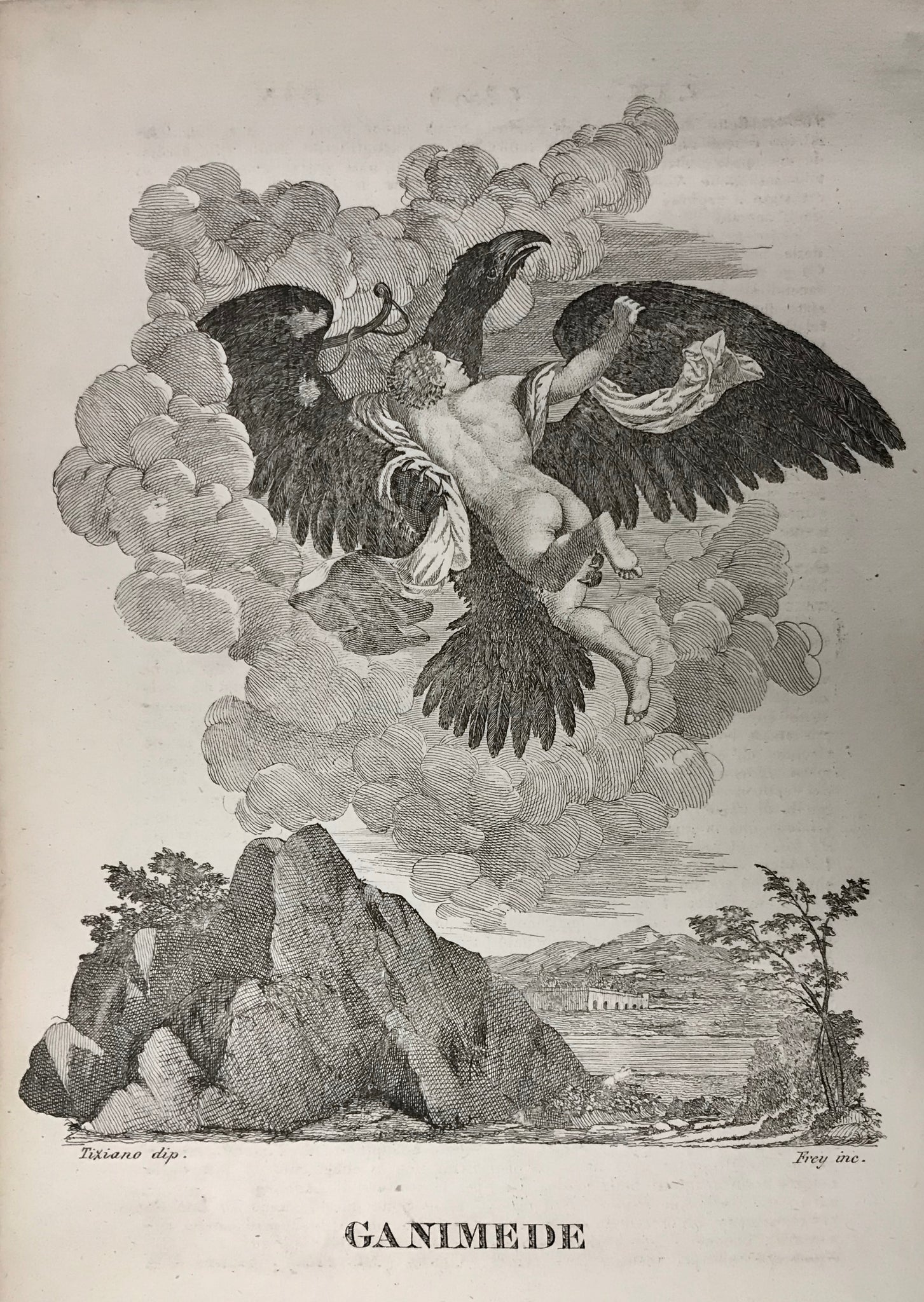 "Ganimede"  The abduction of Ganymed. Zeus, who fell in love with the beautiful younster, came in a storm, disguised as an eagle and abducted Ganymed to serve him on Mt. Olympus.  Copper etching by J. de Frey after a painting by Titian ( 1490-1576 )