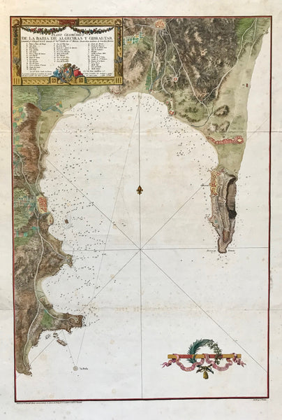 GIBRALTAR  "Plano Geométrico de lka Bahia de Algeciras y Gibraltar"  Copper etching by Juan Antonio Salb(v)ador Carmona (1740-1805). Lettering by Santiago Drouet.  Beautiful original hand coloring.  Published in Sea Atlas by Rear Admiral Vincente Tofiño San Miguel (1732-1795)  Dated 1786