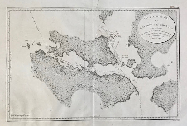 Indonesia. - "Carte Particuliere du Droite du Boutoun Levee et Dressee dans le Voyage du Contre-Amiral Bruni-Dentrecasteaux. Par C.F. Beautemps-Beaupre Ingenieur Hydrographe en Septembre et Octobre 1793"  Aerial view map of the Strait of Buton. We are looking at the south-east corner of Sulawesi (formerly Celebes), the islands of Monse, Palau Buton and Palau Muna.  Very detailed map with focus on the narrows on the south-eastern corner of the former Celebes.