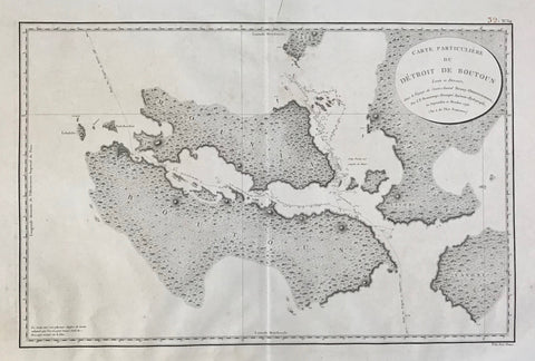 Indonesia. - "Carte Particuliere du Droite du Boutoun Levee et Dressee dans le Voyage du Contre-Amiral Bruni-Dentrecasteaux. Par C.F. Beautemps-Beaupre Ingenieur Hydrographe en Septembre et Octobre 1793"  Aerial view map of the Strait of Buton. We are looking at the south-east corner of Sulawesi (formerly Celebes), the islands of Monse, Palau Buton and Palau Muna.  Very detailed map with focus on the narrows on the south-eastern corner of the former Celebes.