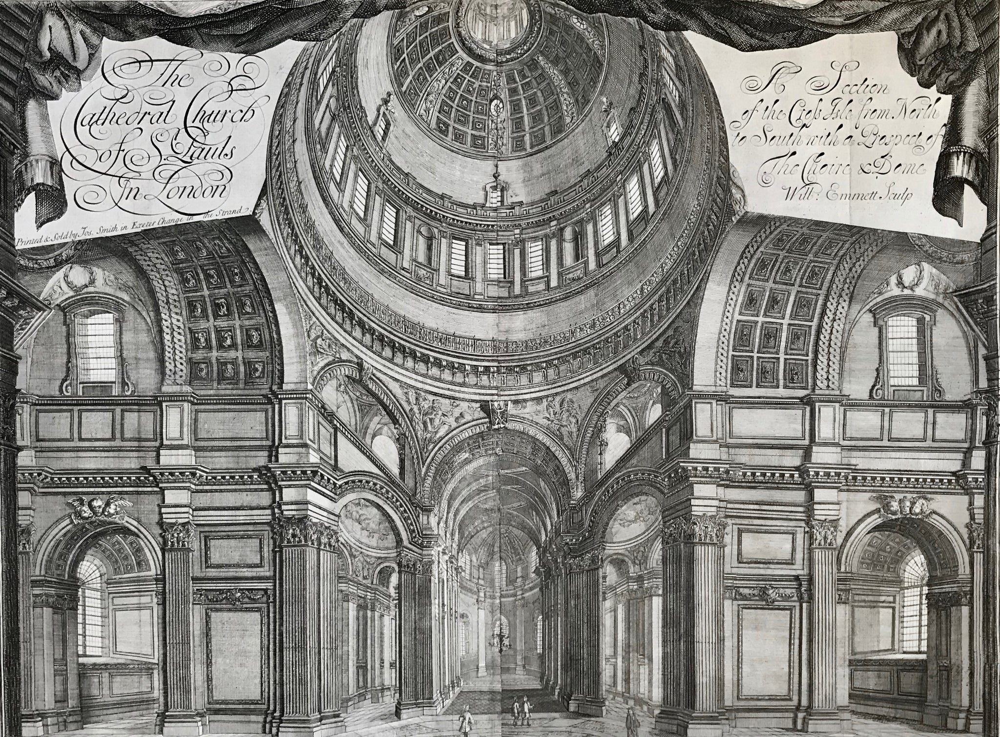 St. Paul's from the inside.  "The Cathedral Church of St. Paul's in London. A Section of the Cross Isle from North to South  with a Prospect of the Choire & Dome"  Copper etching by William Emmett (ca.1671-1736)  Publsied as single sheet print. Sold by I. Smith in Exeter Change on the Strand  London, ca. 1717  Architect Emmerett