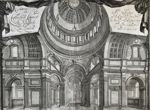 St. Paul's from the inside.  "The Cathedral Church of St. Paul's in London. A Section of the Cross Isle from North to South  with a Prospect of the Choire & Dome"  Copper etching by William Emmett (ca.1671-1736)  Publsied as single sheet print. Sold by I. Smith in Exeter Change on the Strand  London, ca. 1717  Architect Emmerett