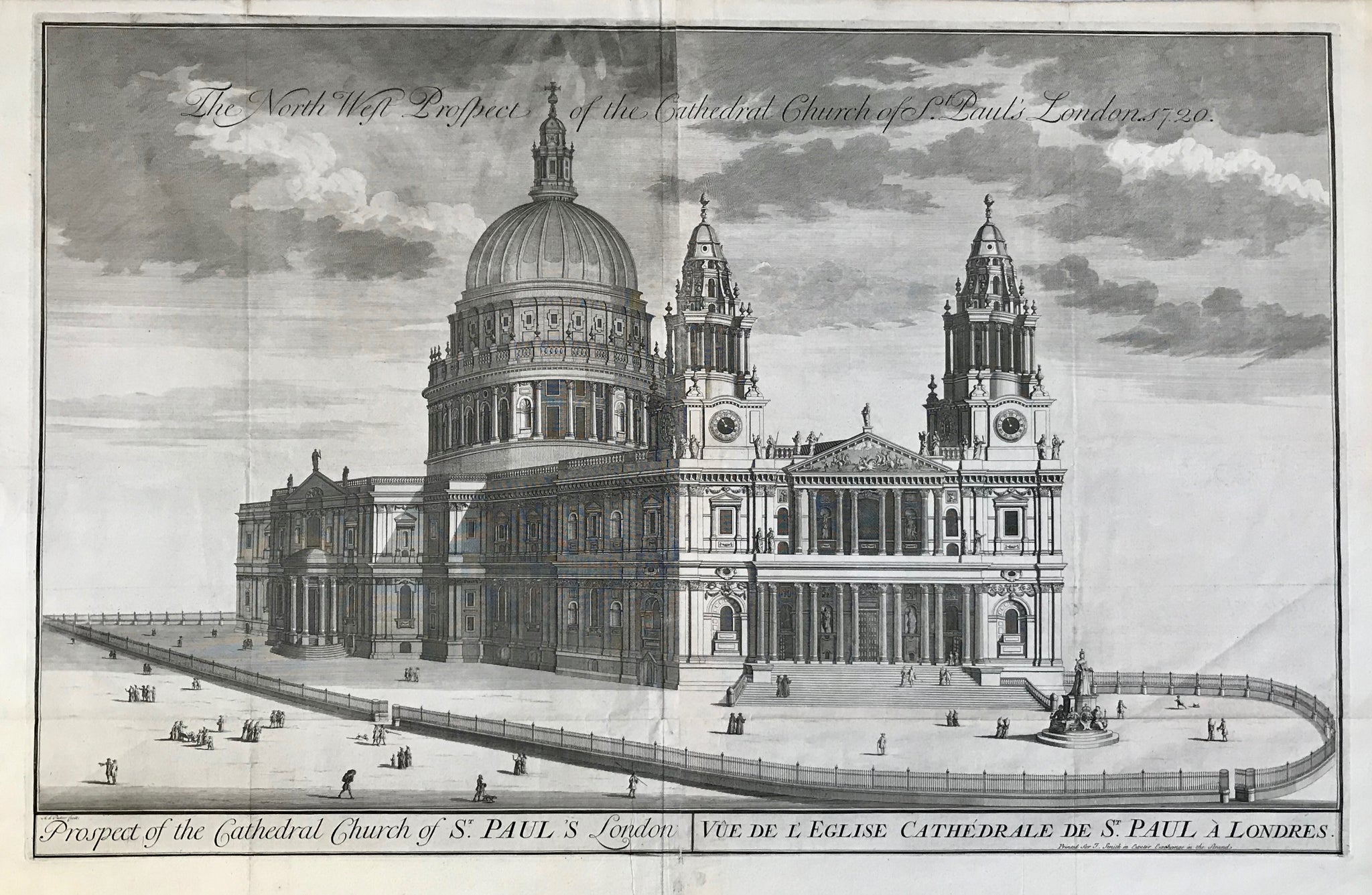 "The North West Project of the Cathdral Church of St. Paul's London, 1720"  Title below print inside print marks:  "Prospect of Cathedral Church of St. Paul's London / Vue de l'Eglise Cathedrale de St. Paul a Londres"  Copper etching by Albert de Putter (1682-1754)  At bottom it says: "Printed for J. Smith in Exeter Exchange in the Strand".  London, 1720  John Smith 