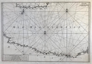 No title. Mediterranean Sea: Part of South Coast of Crete (Kreta) Province of Chania and the Island of Gavdos (Gozzo). East-most Libyan coastline at the Egyptian border to Alexandria (Egypt)  Type of print: Copper etching  Publisher: Joseph Roux (1725-1793)  Published in: Folio of 12 Mediterranean charts. (This being Nr. 9 of this set)  Published: Paris, 1764