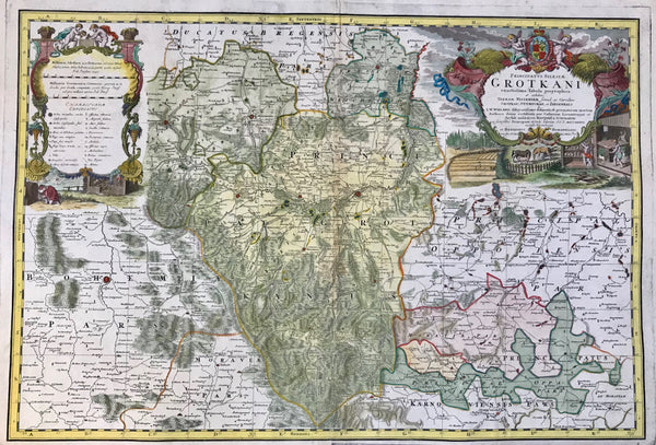 Principality of Grotkau (Grodkow). Hand-colored copper etching after the drawing by Johann Wilhelm Wiegand (? - 1736) and, after his death, revised by Matthaeus Schubarth (ß - 1758). Published in the "Atlas Silesiae". Published by Homann Heirs in Nuremberg. 