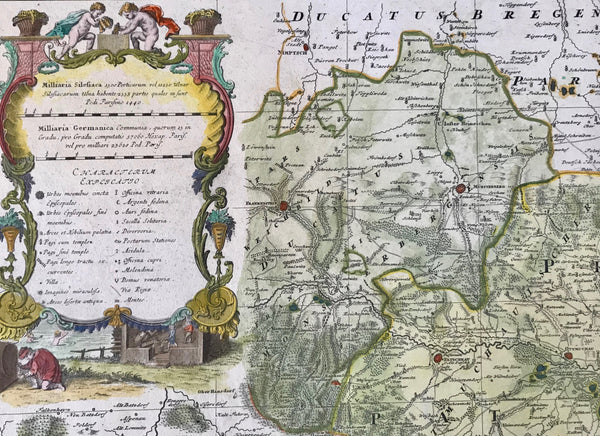 Principality of Grotkau (Grodkow). Hand-colored copper etching after the drawing by Johann Wilhelm Wiegand (? - 1736) and, after his death, revised by Matthaeus Schubarth (ß - 1758). Published in the "Atlas Silesiae". Published by Homann Heirs in Nuremberg. 