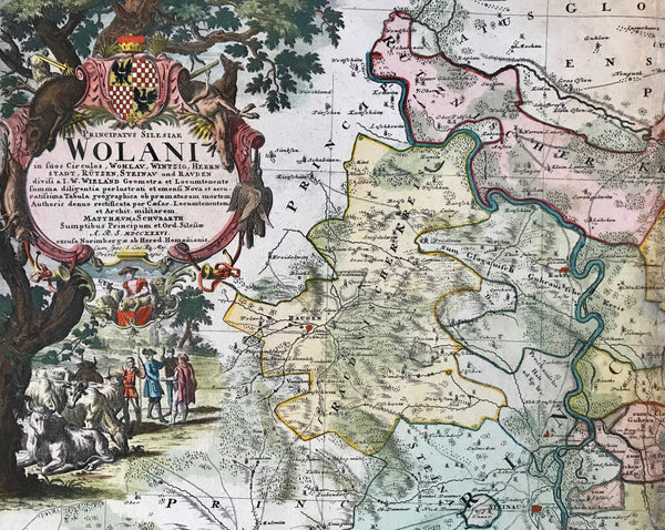 Principality Wohlau (Wolow) with coat of arms. Hand-colored copper etching after the drawing by Johann Wilhelm Wiegand (? - 1736) and, after his death, revised by Matthaeus Schubarth (ß - 1758). Published in the "Atlas Silesiae". Published by Homann Heirs in Nuremberg.