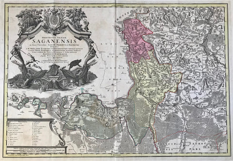 Hand-colored copper etching after the drawing by Johann Wilhelm Wiegand (? - 1736) and, after his death, revised by Matthaeus Schubarth (ß - 1758). Published in the "Atlas Silesiae". Published by Homann Heirs in Nuremberg. The map is dated and printed in 1736, although the complete atlas with 18 grand-folio-size maps was published in its entirety in 1750.