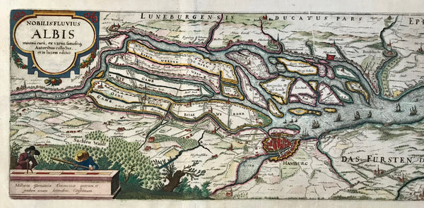 "Nobilis Fluvius Albis maxima cura ex variis famosisque Auctoribus collectus et in lucem editus"  Beautifully hand-colored, very detailed antique map (copper etching) showing the run of the river Elbe from Marschacht (ca. 30 Km east of Hamburg) to Cuxhaven, where the river empties in form of an estuary into the North Sea. From Cuxhaven to Hamburg is the stretch of the river which all ships have to go through in order to reach the international harbor of Hamburg. 