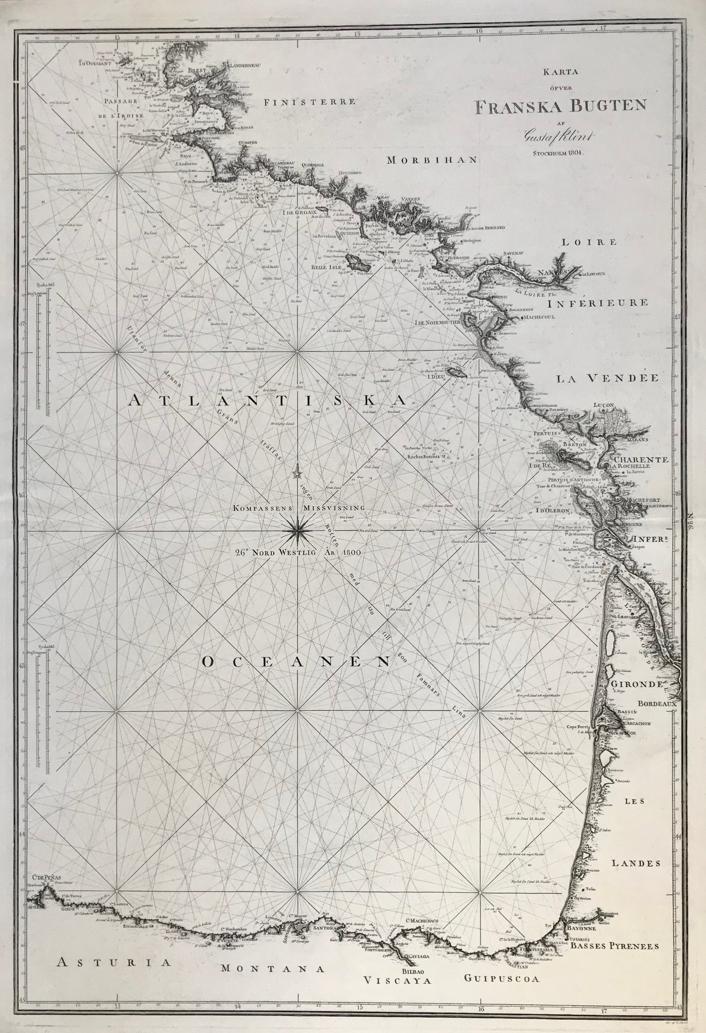 "Karta Oever Nord Westra Kusterne Af Spanien och Portugal Efter Atlas Maritimo de España".  Copper engraving by Fr. Akrel after Gustaf Klint of Stockholm, dated 1803. SELDOM!