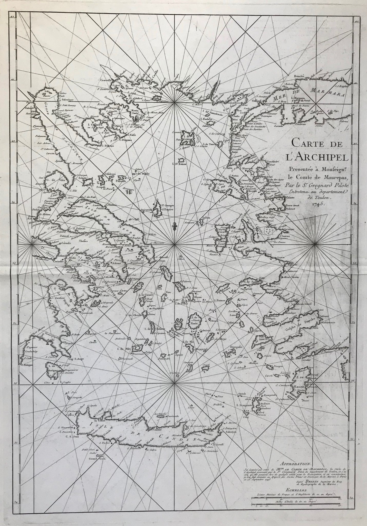 "Carte de L'Archipel Presentee a Monseignr. le Comte de Maurepas Par le Sr. Grognard Pilote Entretenu au department de Toulon. 1745"  Giant folio size map of the Aegean Sea (Eastern Mediterranean Sea) showing in great detail the East and North Coasts of Greece, the Dardanelles, the Sea of Marmara, the West Coast of Turkey and all the islands south to Crete (Kreta)  Type of print: Copperplate etching  Publisher: Nicolas Bellin