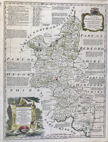 Copper etching by Eman Bowen (1694-1767). Original hand coloring.  Published in the Large English Atlas or a new set of maps of all the counties of England and Wales.  London, not dated. But published 1747  Very detailed map of the County of Buckinghamshire with historical and other important detailed notes surrounding the actual map. 