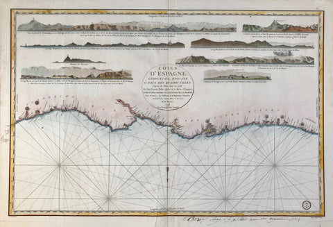 Hand-colored copper etching by Bouclet. Published on behalf of the French Ministry of the Marine. Paris, 1793  Coastal chart from the French / Spanish border St. Jean de Luz / Hondarrabia to Cabo Prieto in Asturias. Very detailed coastline, San Sebastian (Donostia), Bilbao, Santander, just name a few of the major cities along the coast. Upper part of map has 8 coastal elevation profiles.