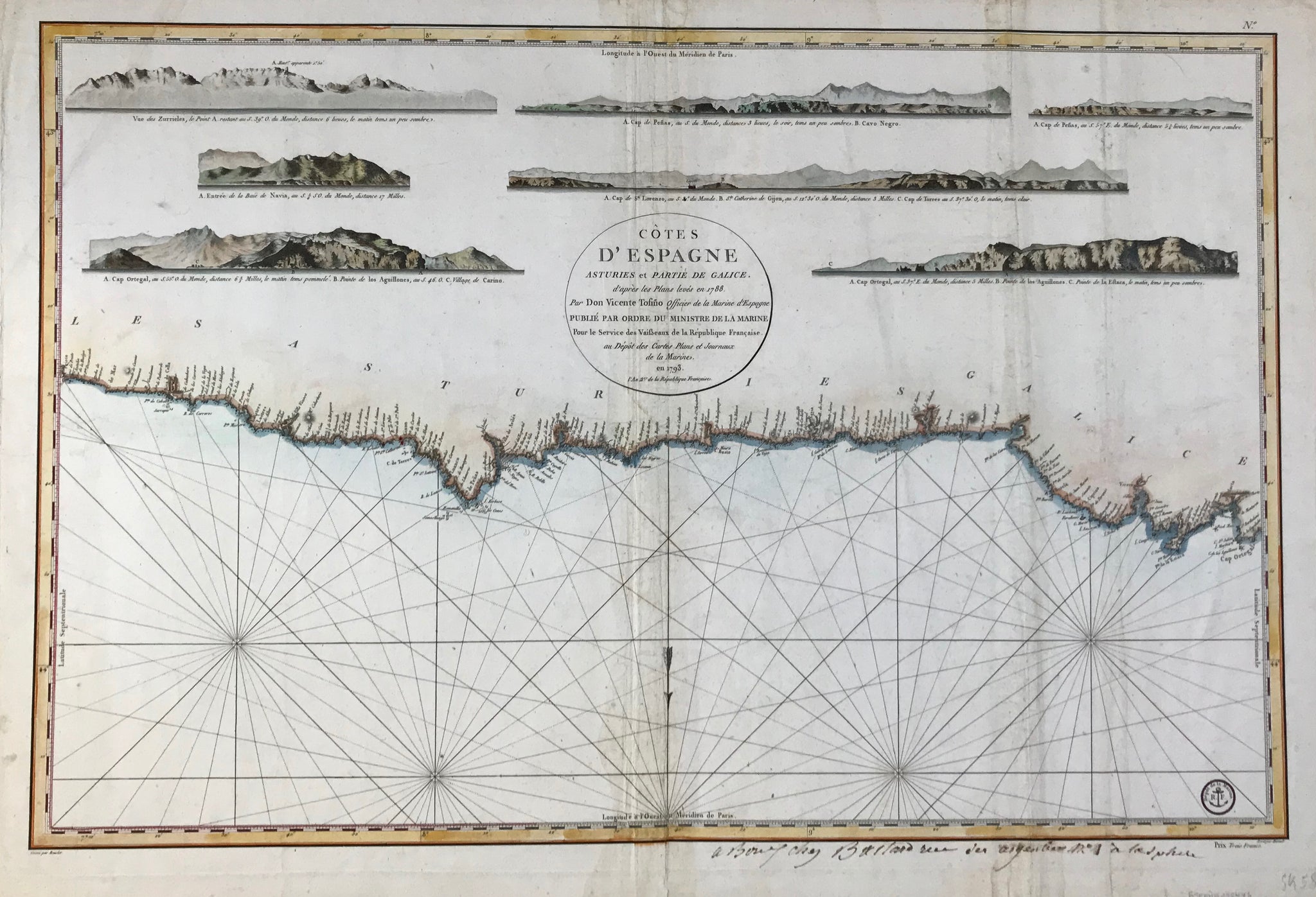 Hand-colored copper etching by Bouclet. Published on behalf of the French Ministry of the Marine. Paris, 1793  Map reaches from Cabo Prieto in the east to Cabo Ortegal, the northernmost landmark of Spain. There are 7 coastal elevation profiles shown.