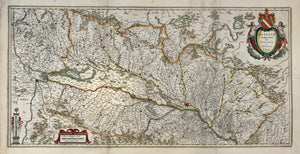 "Alsatia Landgraviatus cum Suntgoia et Brisgoia". Map shows Alsace, Black Forest (Germany) and a small section of Switzerland near Basel.  Copper etching by Gerard Mercator, Published by Willem Blaeu. Amsterdam, ca. 1640. Original hand coloring. Reverse side has Dutch explanitory text.  West-oriented map shows the French as well as the German side bordering the river Rhine from Basel to Seltz. One decorative title cartouche and two mileage cartouches.